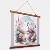 Flamingo in Pastel Pond Floral Scene Hangend Wandkleed (Gebogen)