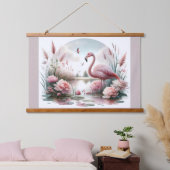 Flamingo in Pastel Pond Floral Scene Hangend Wandkleed (Slaapkamer)