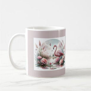 Flamingo in Pastel Pond Floral Scene Koffiemok
