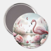 Flamingo in Pastel Pond Floral Scene Magneet (Voorkant / Achterkant)