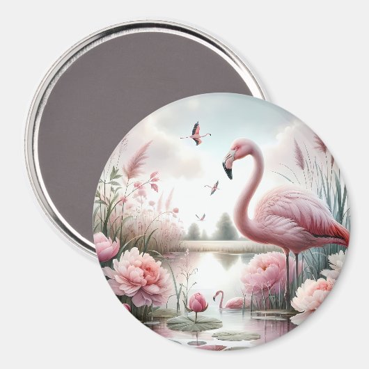 Flamingo in Pastel Pond Floral Scene Magneet (Voorkant / Achterkant)