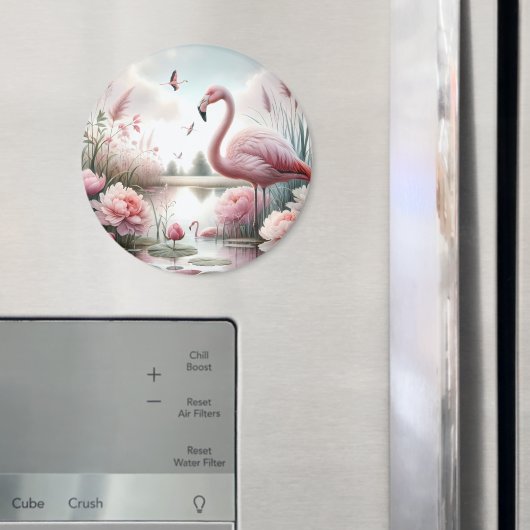 Flamingo in Pastel Pond Floral Scene Magneet (Insitu (Koelkast))