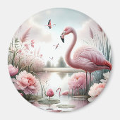 Flamingo in Pastel Pond Floral Scene Magneet (Voorkant)