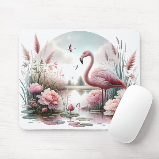 Flamingo in Pastel Pond Floral Scene Muismat (Met muis)