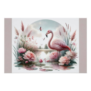 Flamingo in Pastel Pond Floral Scene Perfect Poster