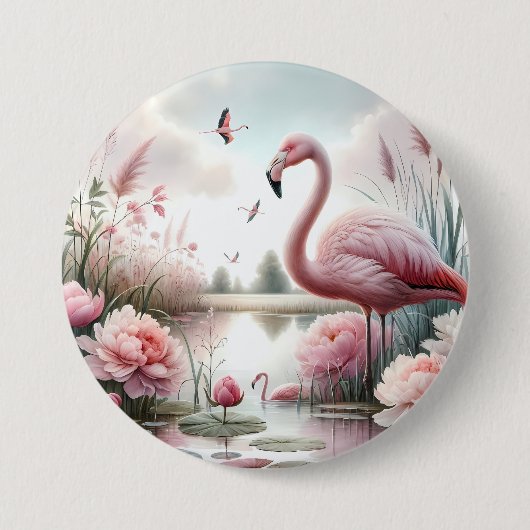 Flamingo in Pastel Pond Floral Scene Ronde Button 7,6 Cm (Voorkant)