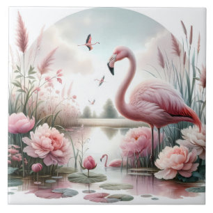 Flamingo in Pastel Pond Floral Scene Tegeltje