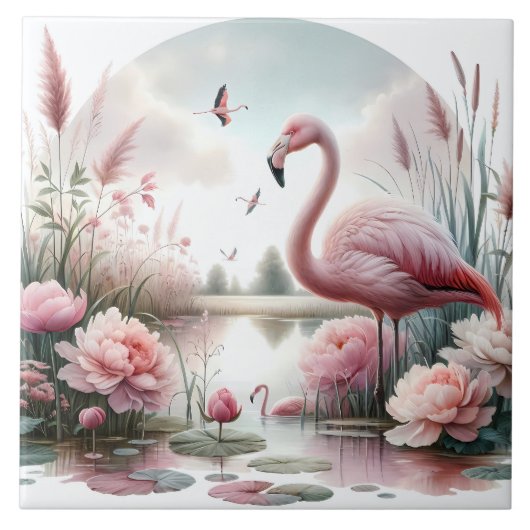 Flamingo in Pastel Pond Floral Scene Tegeltje (Voorkant)