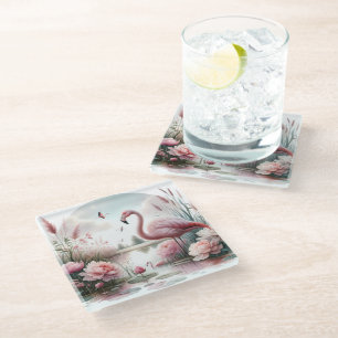 Flamingo in Pastelkleurige Vijver Bloemenscène Glazen Onderzetter