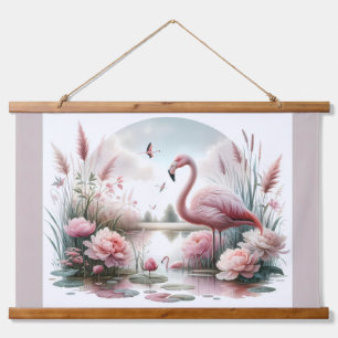 Flamingo in Pastelkleurige Vijver Bloemenscène Hangend Wandkleed