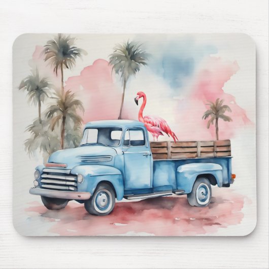 Flamingo in retro blauwe vrachtwagen muismat (Voorkant)