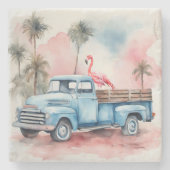Flamingo in retro blauwe vrachtwagen stenen onderzetter (Voorkant)