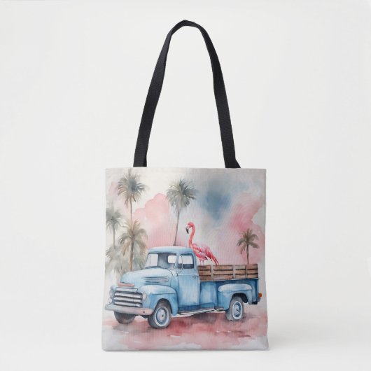 Flamingo in retro blauwe vrachtwagen tote bag (Voorkant)