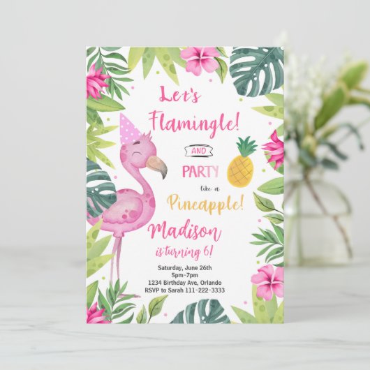 Flamingo in Roze Verjaardagsuitnodiging Kaart (Staand voorkant)