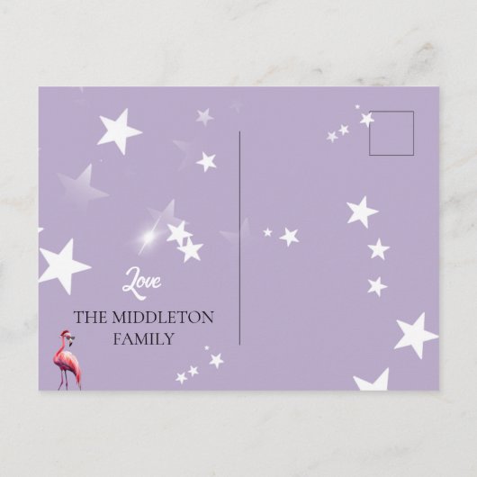 Flamingo in Santa Hat & Sunglass Paarse Kerst Briefkaart (Achterkant)