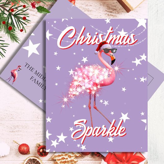 Flamingo in Santa Hat & Sunglass Paarse Kerst Briefkaart
