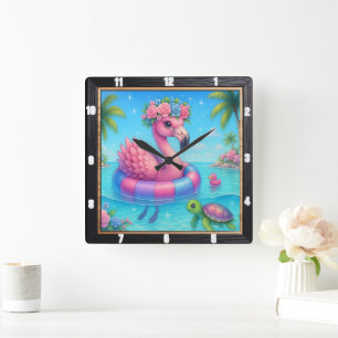 Flamingo Inner Tube Beach Vierkante Klok