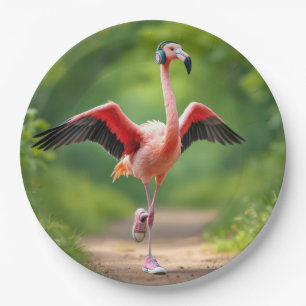 Flamingo joggen met roze sneakers en hoge vetersch papieren bordje