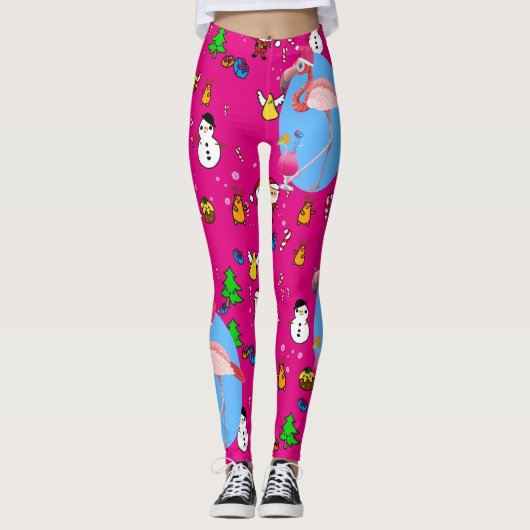 Flamingo Kerst Grappige Doodles Vrolijk Feest Leggings (Voorkant)