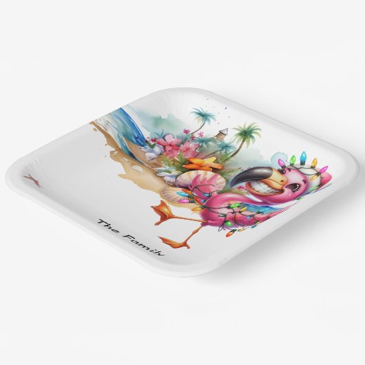 Flamingo kerst in juli op het strand papieren bordje (Gebogen)