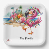 Flamingo kerst in juli op het strand papieren bordje (Voorkant)