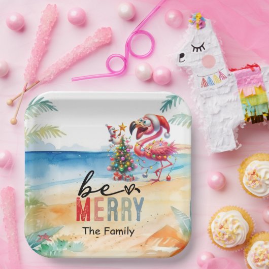 Flamingo kerst in juli op het strand papieren bordje (Feest)