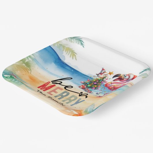 Flamingo kerst in juli op het strand papieren bordje (Gebogen)