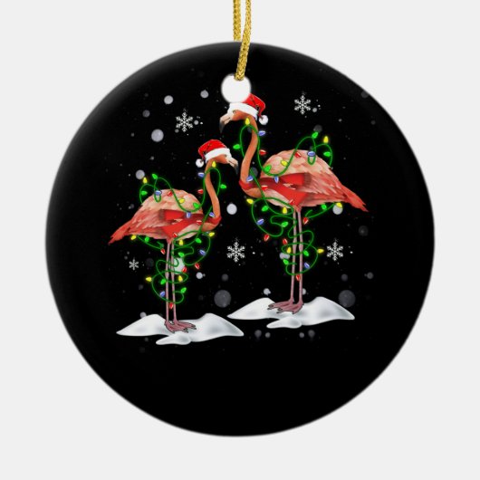 Flamingo kerstboom Santa Hat Light Merry Keramisch Ornament (Voorkant)