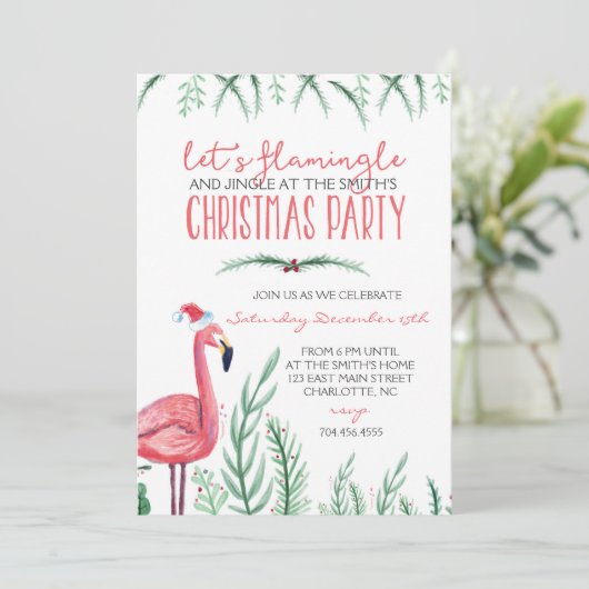 Flamingo Kerstfeest Uitnodiging (Staand voorkant)