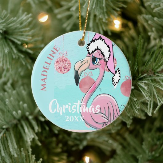Flamingo kerstkerstkerstkerstman Blauw Roze meisje Keramisch Ornament (Boom)