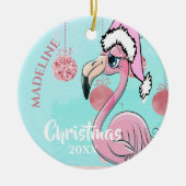 Flamingo kerstkerstkerstkerstman Blauw Roze meisje Keramisch Ornament (Voorkant)