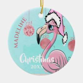 Flamingo kerstkerstkerstkerstman Blauw Roze meisje Keramisch Ornament