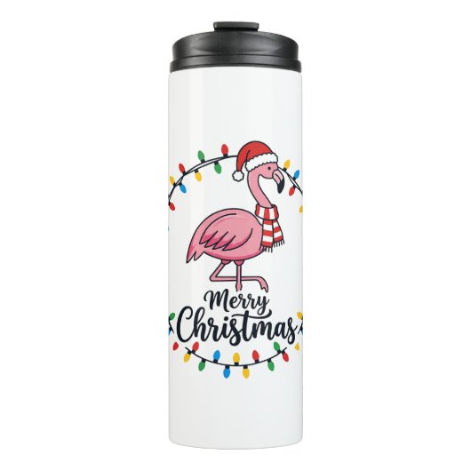 Flamingo Kerstlichten Vakantie Thermosbeker (Voorkant)