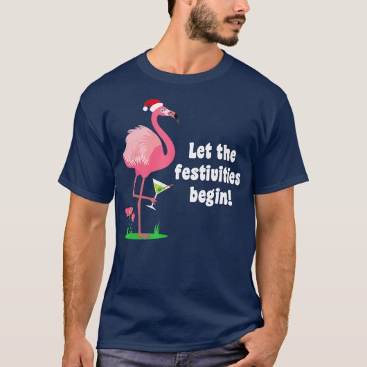 Flamingo Kerstmis Bird w Martini Glass Funny T-shirt (Voorkant)