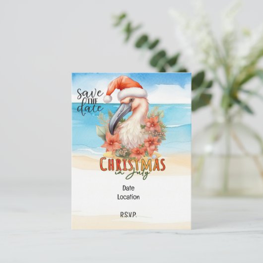 Flamingo Kerstmis in juli sparen de datum Feestdagenkaart (Staand voorkant)