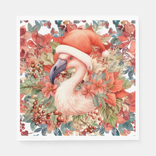 Flamingo Kerstmis met Santa Hat en Poinsettia Servet (Voorkant)