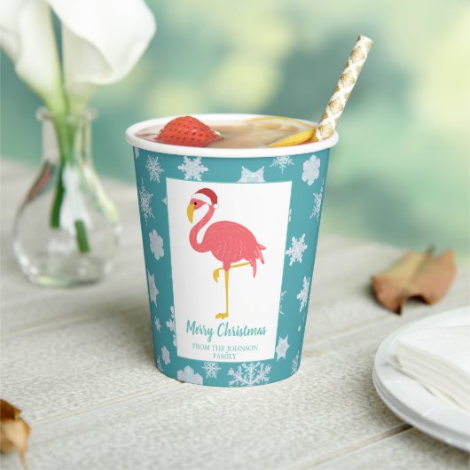 Flamingo Kerstmis Snowflake Blue Tropical Family  Papieren Bekers (Insitu)