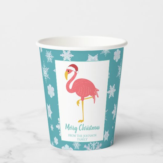 Flamingo Kerstmis Snowflake Blue Tropical Family  Papieren Bekers (Achterkant)