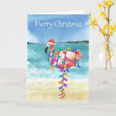 Flamingo Kerstmis Tropical Beach Kaart (Gele Bloem)