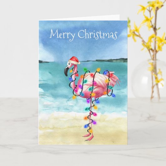 Flamingo Kerstmis Tropical Beach Kaart (Gele Bloem)