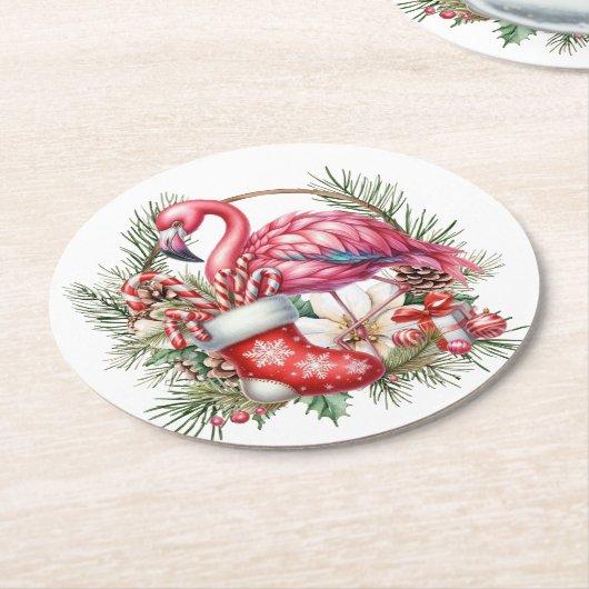 Flamingo Kerstthema Ronde Kartonnen Onderzetter (Gebogen)