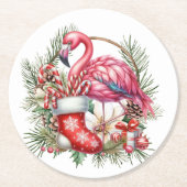 Flamingo Kerstthema Ronde Kartonnen Onderzetter (Voorkant)
