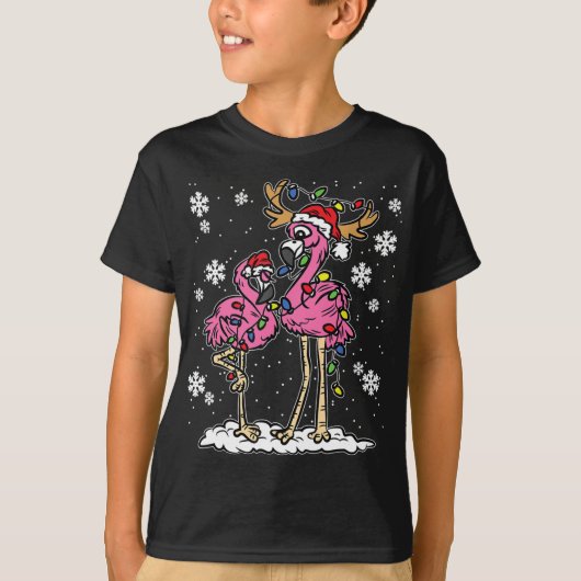 Flamingo Kerstverlichting Santa Hoed Pyjama Schatt T-shirt (Voorkant)