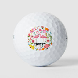 Flamingo koppel staat op bloem met naam golfballen