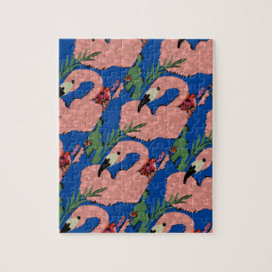 Flamingo Kunst Handgetekende Hibiscus Palmbladeren Legpuzzel