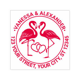 Flamingo Liefdesvogels Harten #2 Naam Retouradres Zelfinktende Stempel