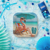 Flamingo loungen op een strandstoel papieren bordje (Feest)