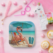 Flamingo loungen op een strandstoel papieren bordje (Feest)