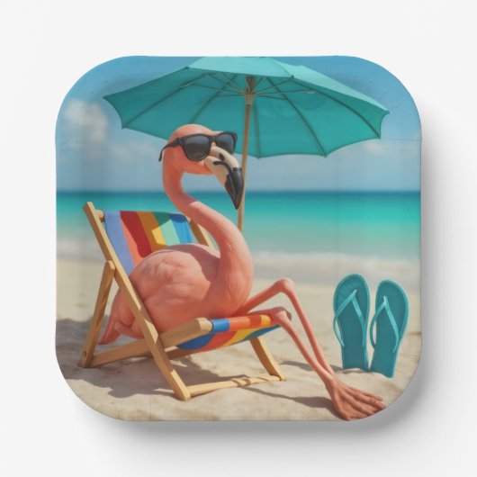 Flamingo loungen op een strandstoel papieren bordje (Voorkant)