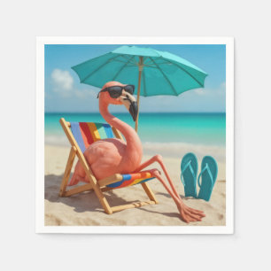Flamingo loungen op een strandstoel servet